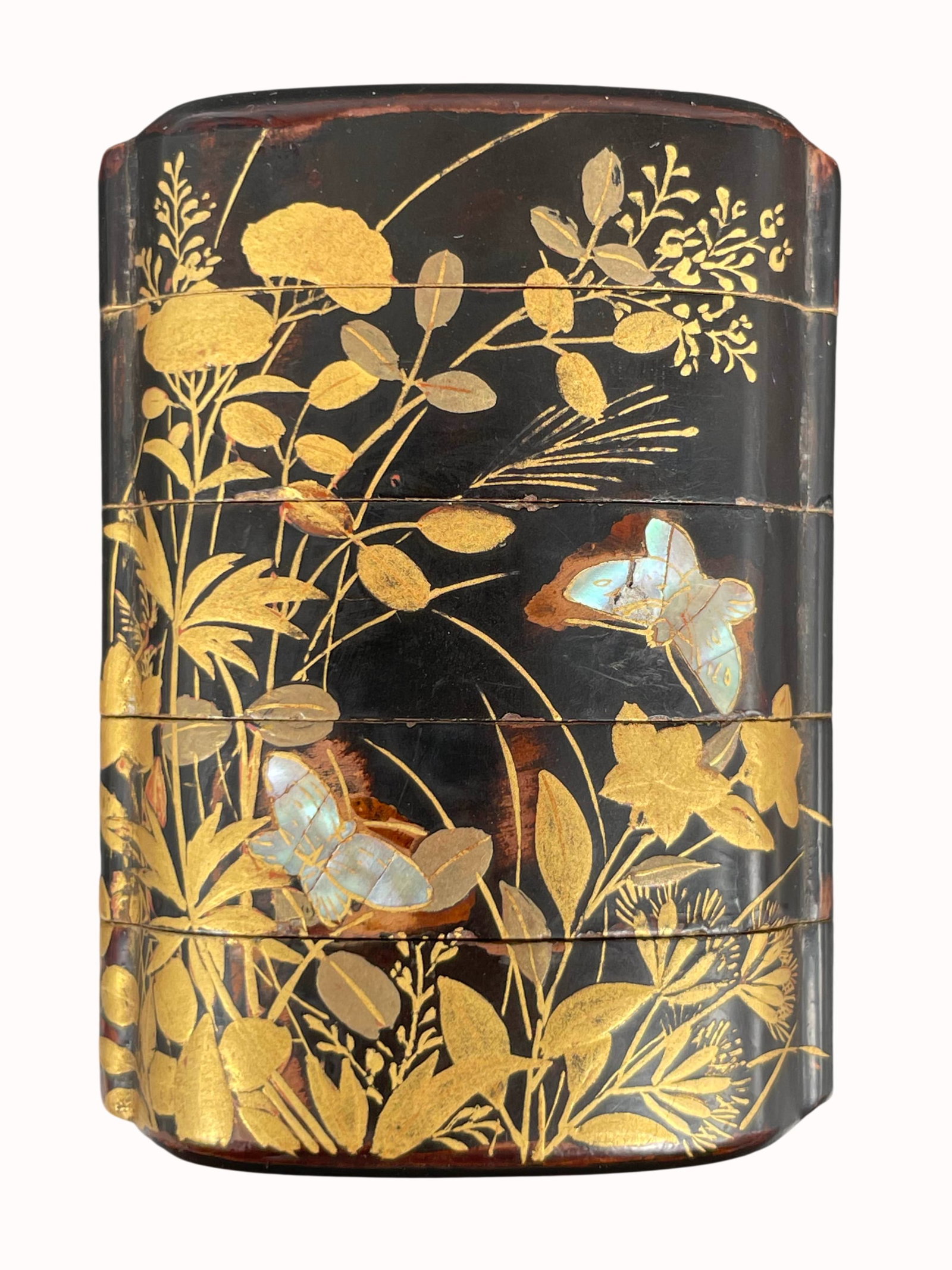 A Japanese Multi-Tiered Mother-of-Pearl-Inlaid Gold Maki-E Inro: 2.3/4 in. high, 2 in. wide.