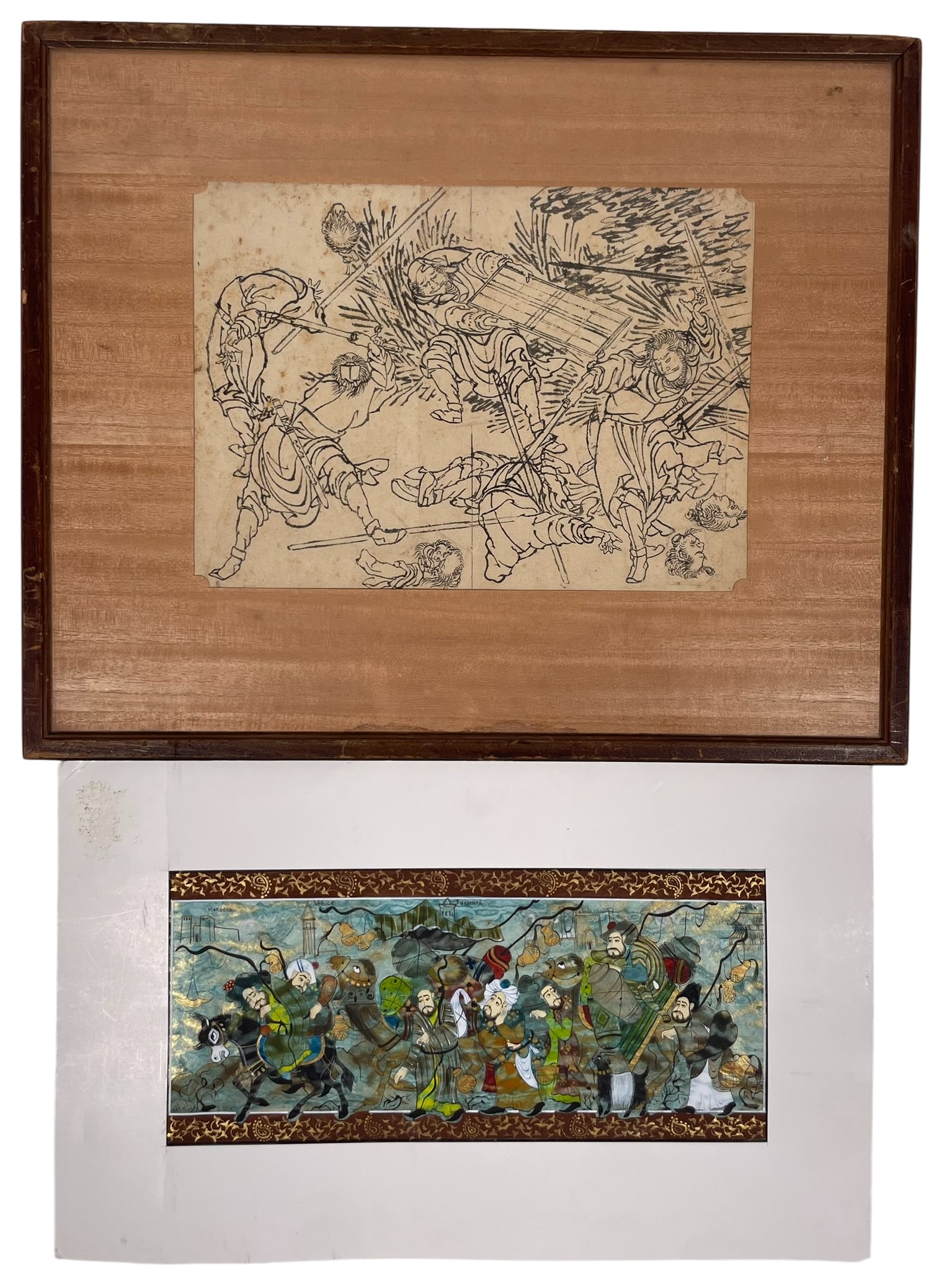 Two Asian Miniature Painting: Comprising an Uzbekistan miniature painting depicting a trade caravan along the historic Silk Road, marked with city stops like Morocco, Venice, Bukhara, Samarkand, and China, 15.1/2 in. x 9.1/2 in. o