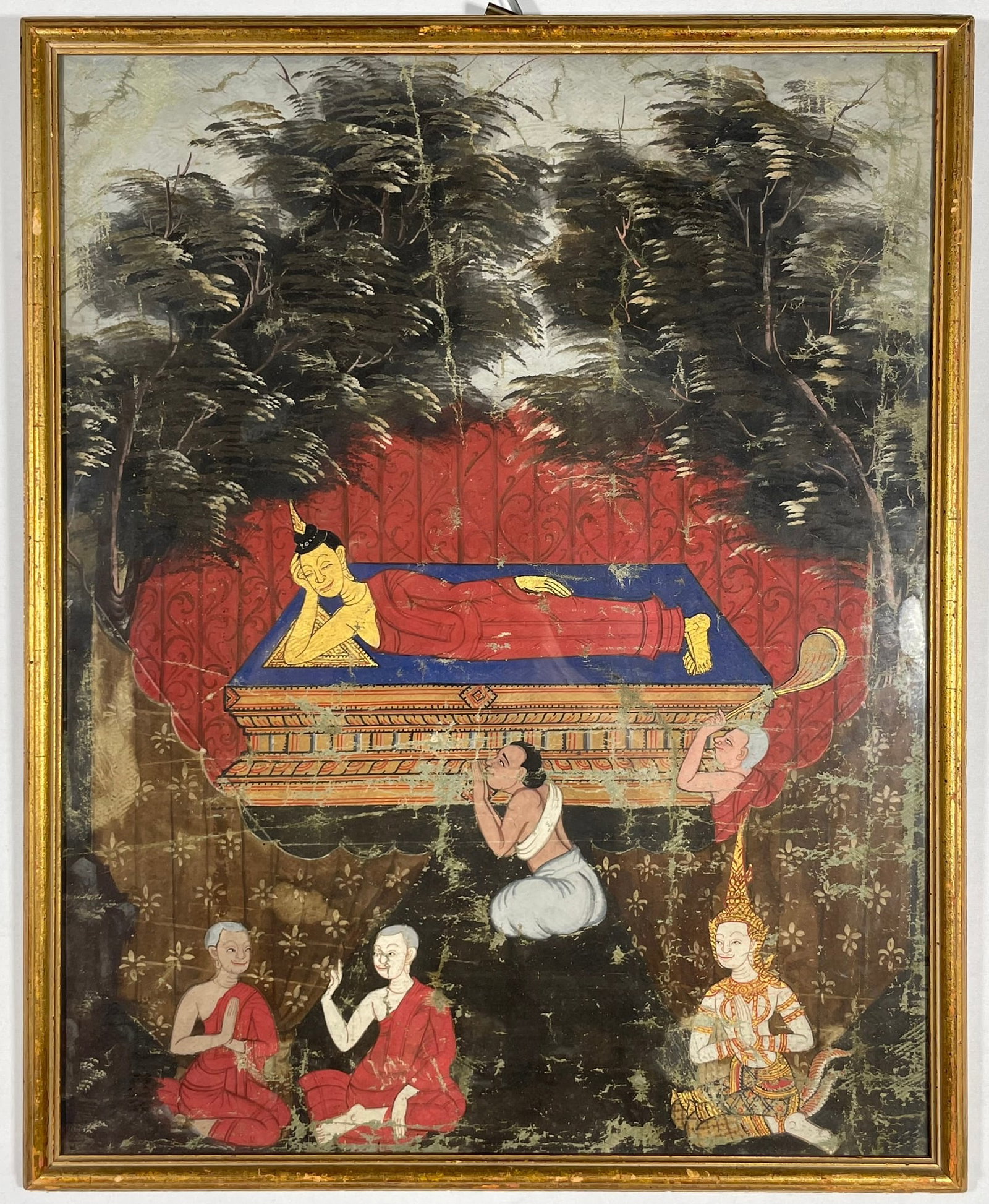 A Southeast Asian Painting of Parinirvana of the Buddha: 23.1/2 in. x 19 in. overall including the frame.