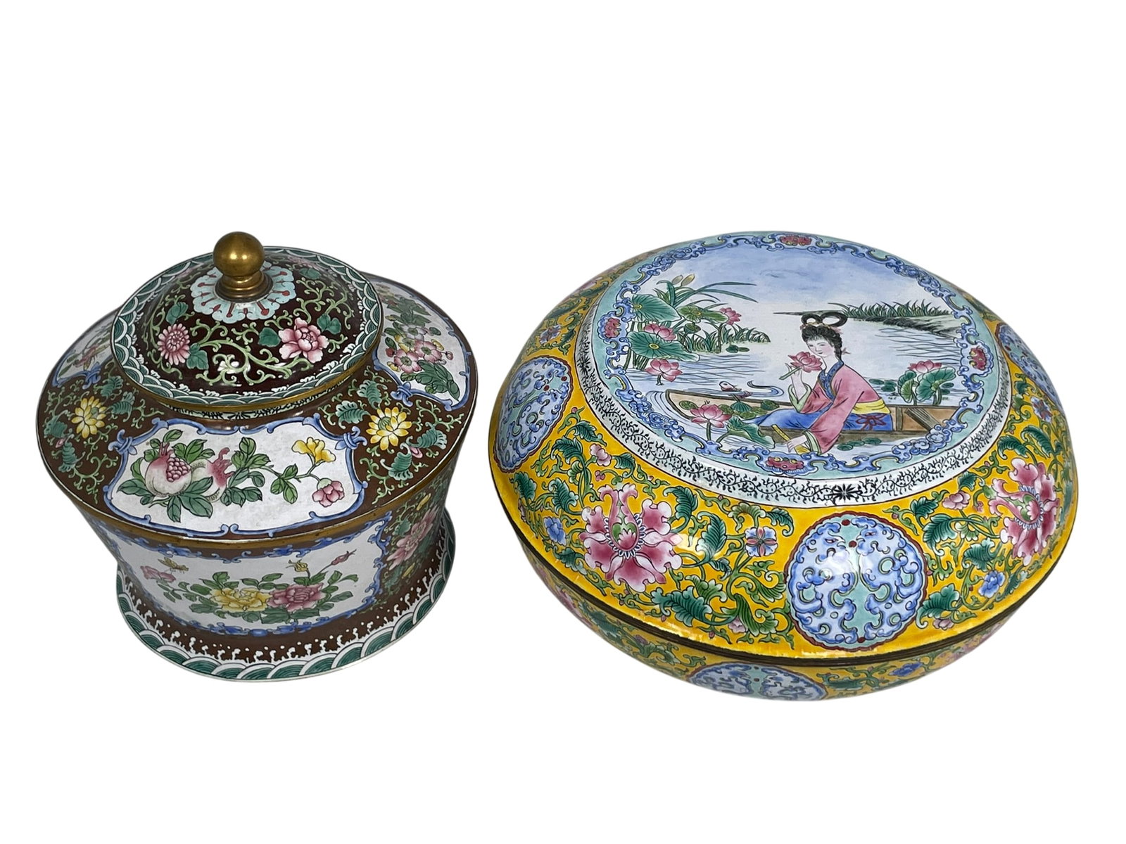 Two Chinese Painted Enamel Ware: Comprising a large 'lady and lotus pond' bowl and cover, 5 in. high, 9.3/4 in. diam.; and a 'medallion' jar and cover, 6.3/4 in. high, 6.3/4 in. wide.