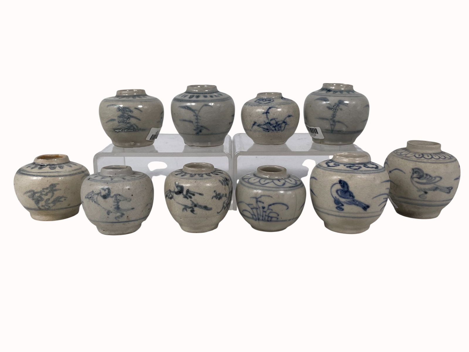 A Group of Ten Vietnamese Blue and White Jarlets: 2 in. high, 1.7/8 in. wide for the largest. A Private Collection of a Retiring University Professor.