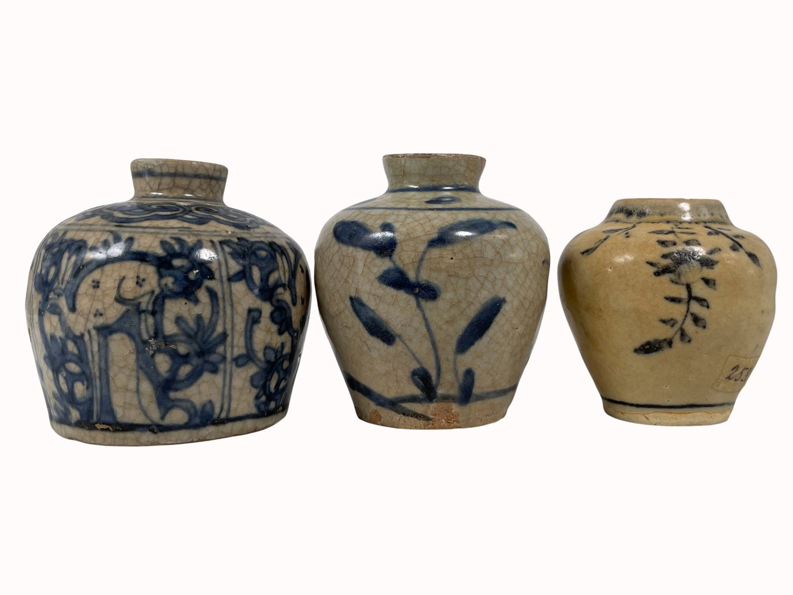 A Group of Three Vietnamese Blue and White Jarlets: 3.1/4 in. high, 3.1/2 in. wide for the largest jarlet. A Private Collection of a Retiring University Professor.