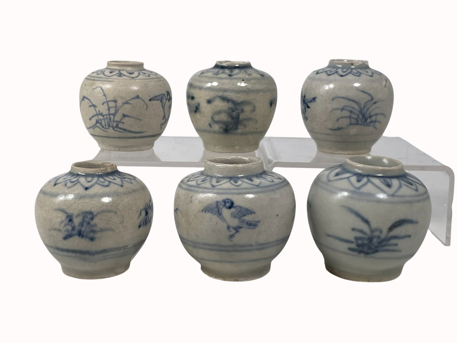 A Group of Six Vietnamese Small Blue and White Jarlets: The largest measures 2 in. high, 2 in. wide. A Private Collection of a Retiring University Professor.