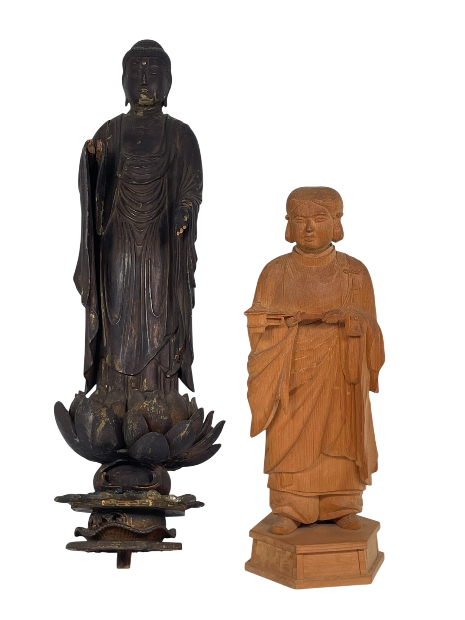 Two Japanese Antique Hand Carved Wood Buddhist Sculptures: The taller one measures 18 in. high, 5.1/2 in. wide.