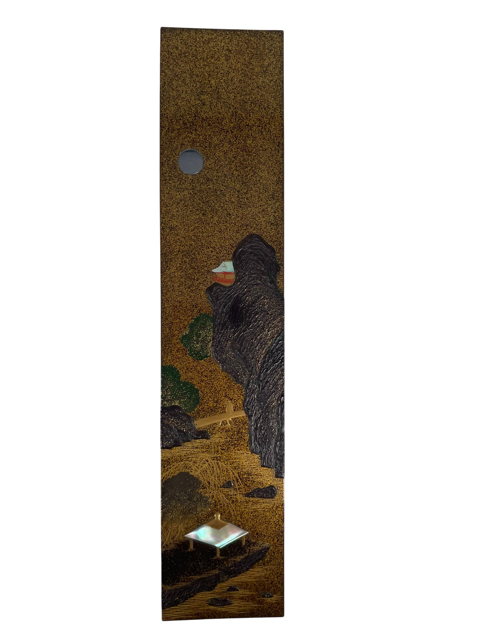 Freeman's Provenance: A Japanese Gold and Black Lacquer Rectangular Covered Box, Meiji Period: A slender rectangular two-tiered covered box, raised on short bracket feet and with a slightly concave base. The cover is finely decorated in gold, black, and green lacquer with a rocky landscape