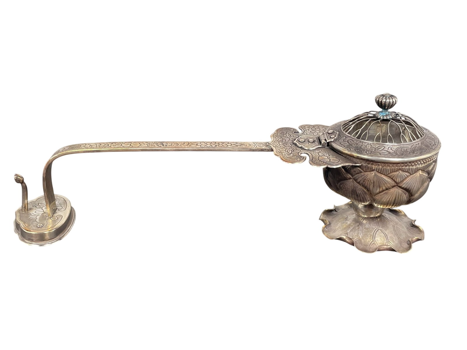 A Japanese Silver Long Handle Ritual Censer, Egoro: 3.1/2 in. high, 13 in. long, 4.1/2 in. wide.