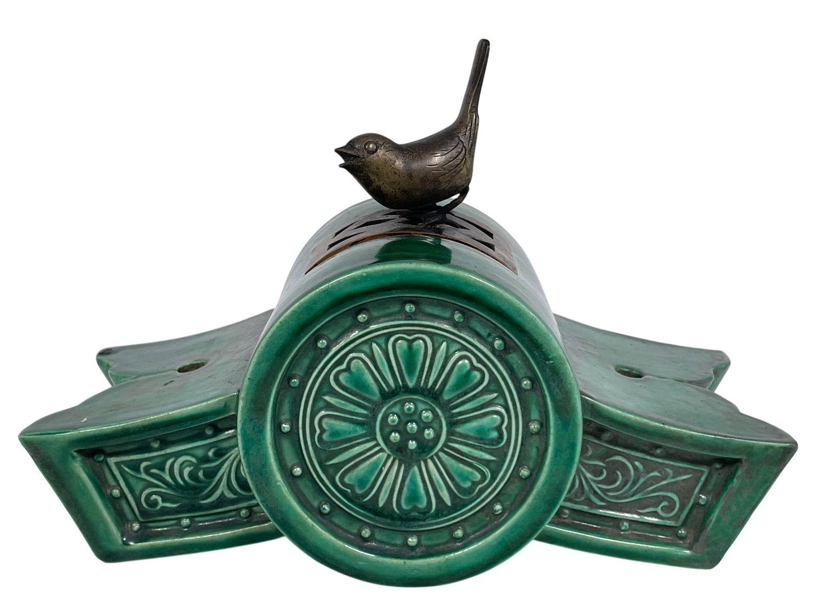 A Japanese Green-Glazed Terracotta Roof Component with Bronze Bird Finial: 6.1/2 in. high, 9.3/4 in. wide overall.