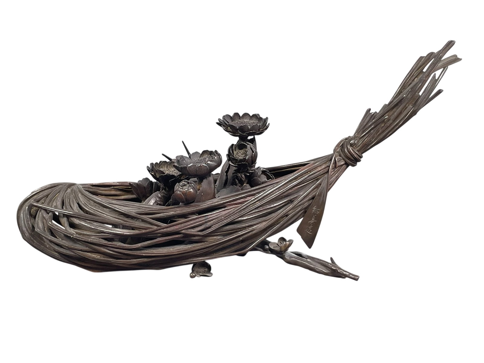 A Japanese Bronze Decorative Boat Sculpture, Shoami Eisuke Mark: A Shoami Eisuke mark. 5 in. high, 9.1/2 in. wide.