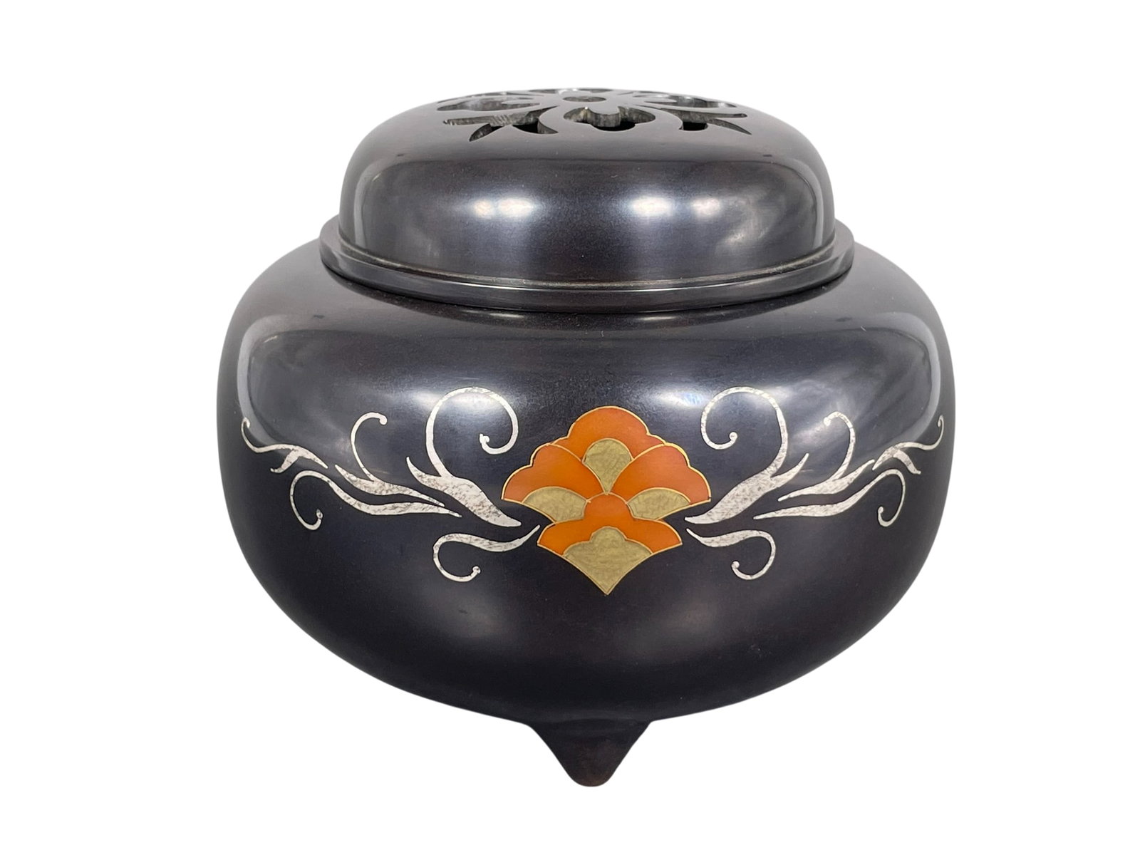 A Japanese Mixed Metal Censer and Cover, Koro: The finial is probably missing. 4 in. high, 5 in. wide.