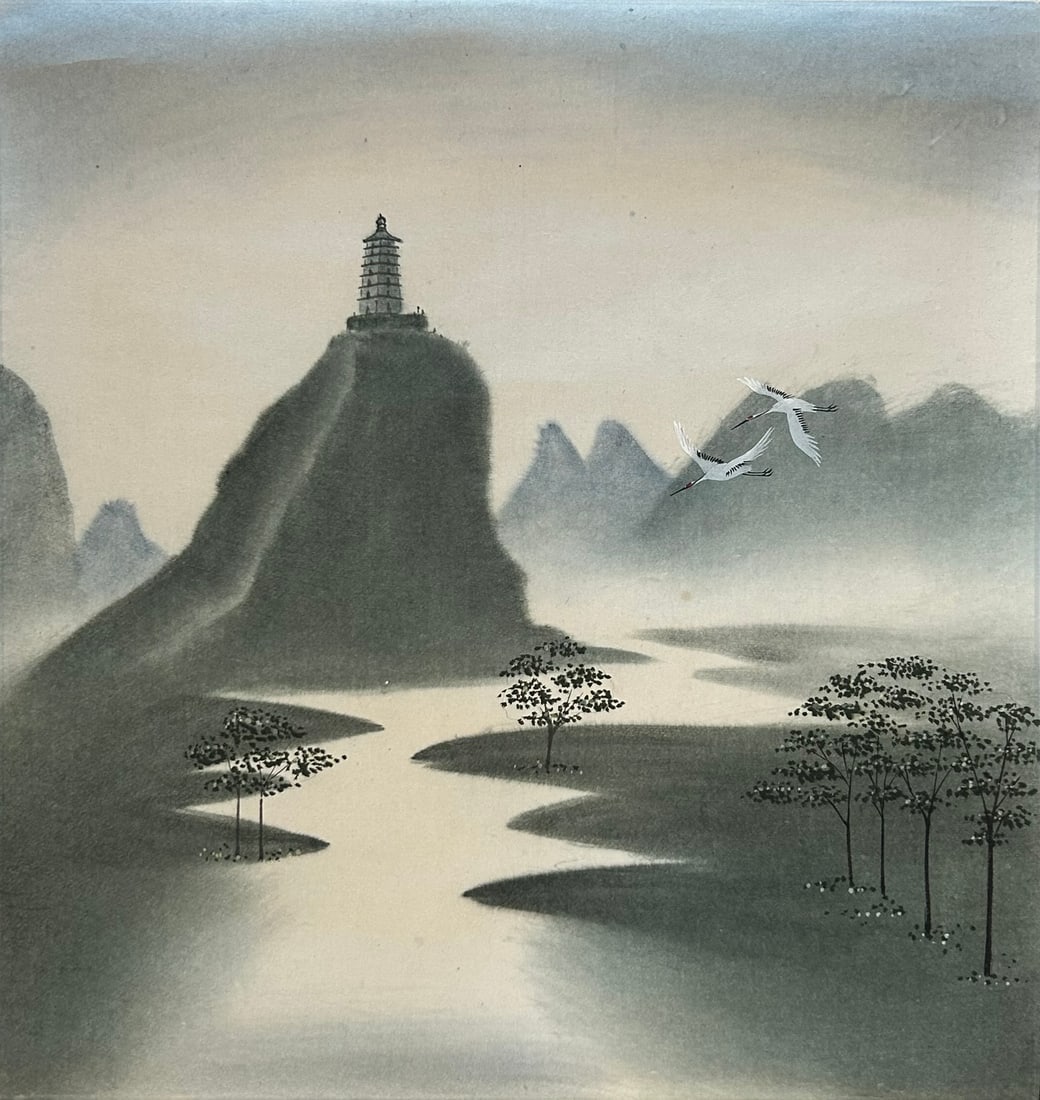 A Japanese Print of Riverscape: 65.1/2 in. x 27 in. overall.