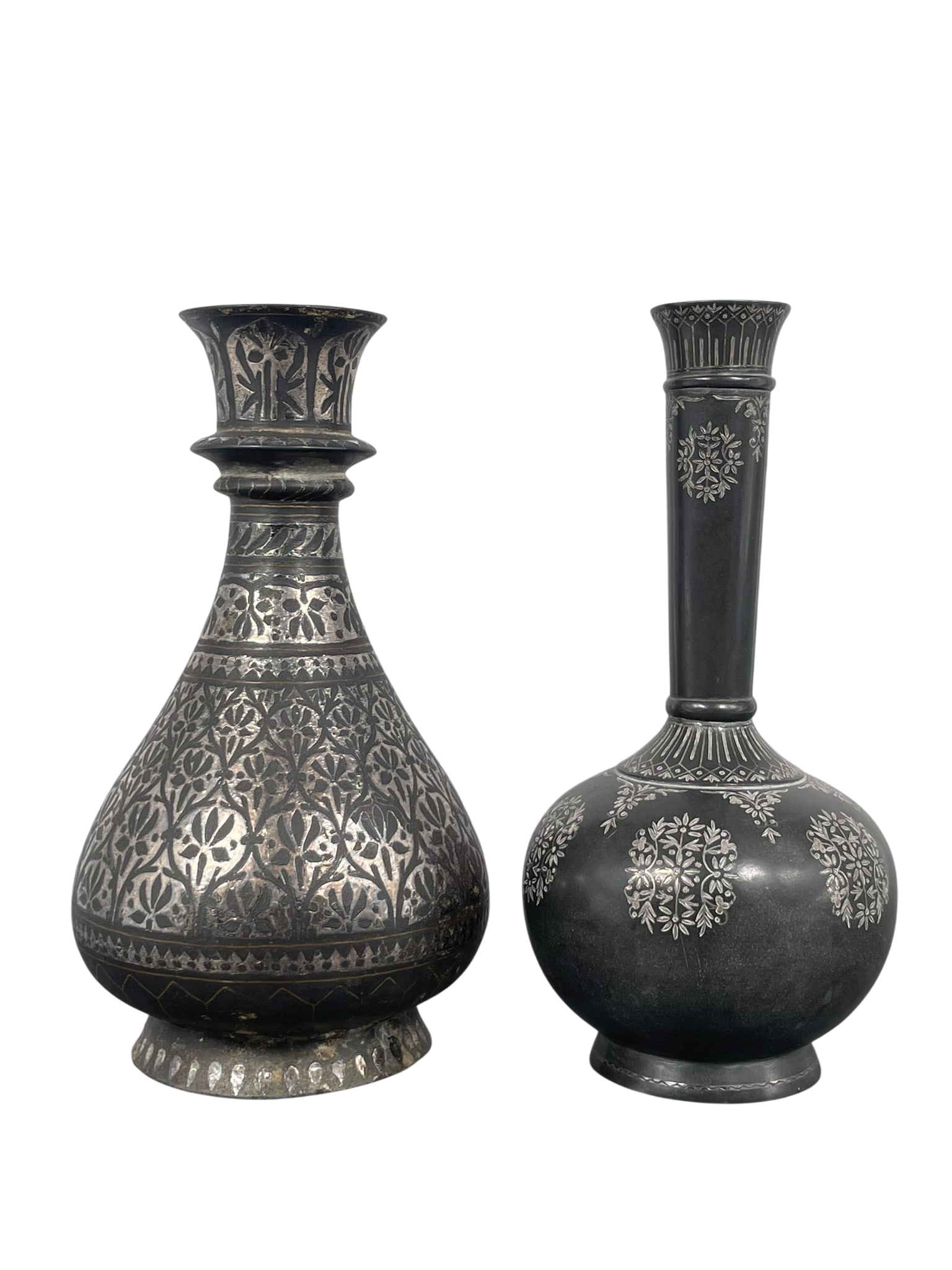 Two Persian Silver-Inlaid Vases: The larger measures 7.3/4 in. high, 4.1/4 in. wide; the smaller measures 8 in. high, 3.3/4 in. wide.