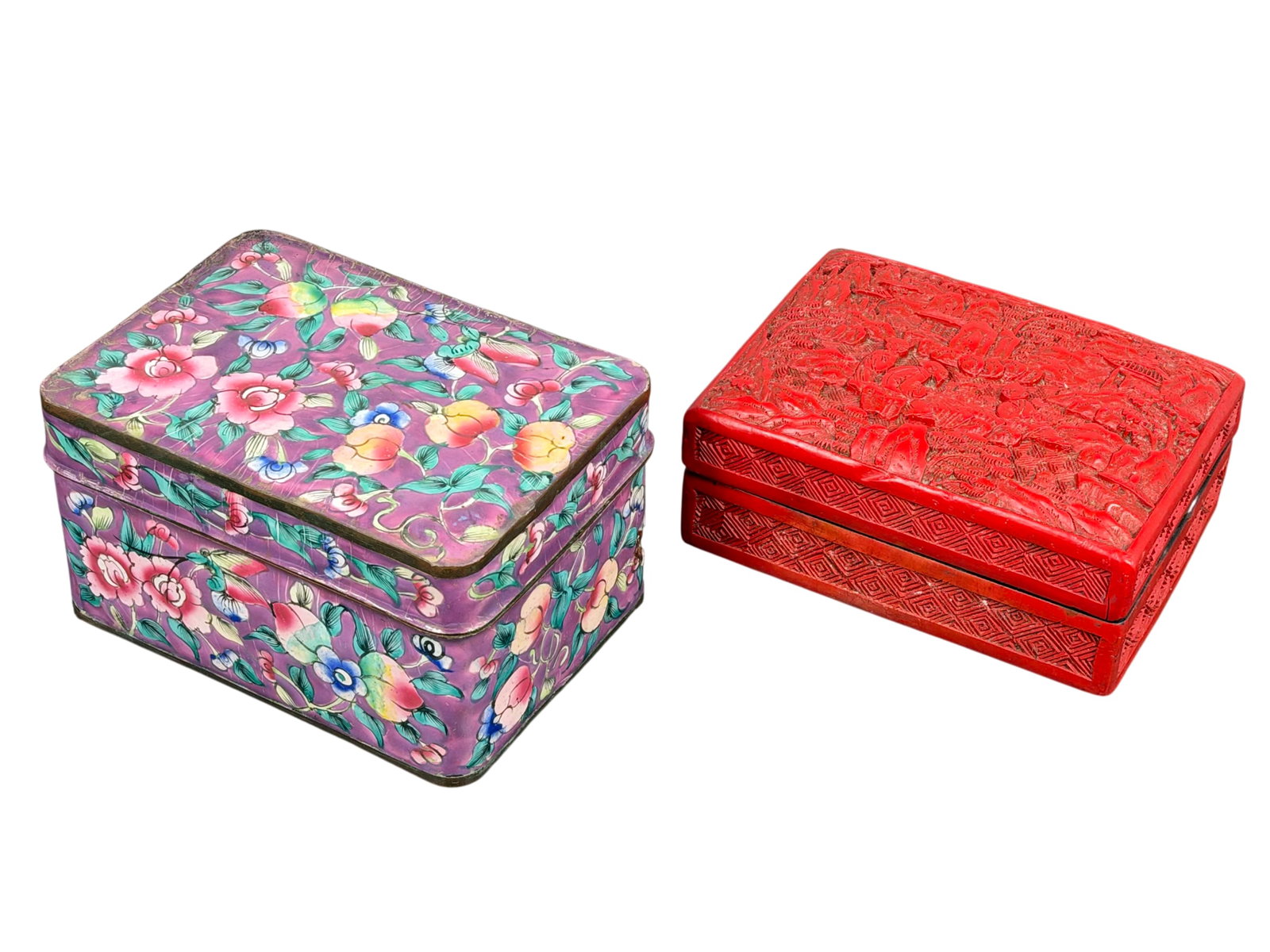 Two Chinese Rectangular Boxes and Covers: Comprising a carved red-lacquer box and cover, 1.3/4 in. high, 4 in. wide, 3 in. deep; and a painted enamel box and cover, 2.3/8 in. high, 4 in. wide, 3 in. deep.