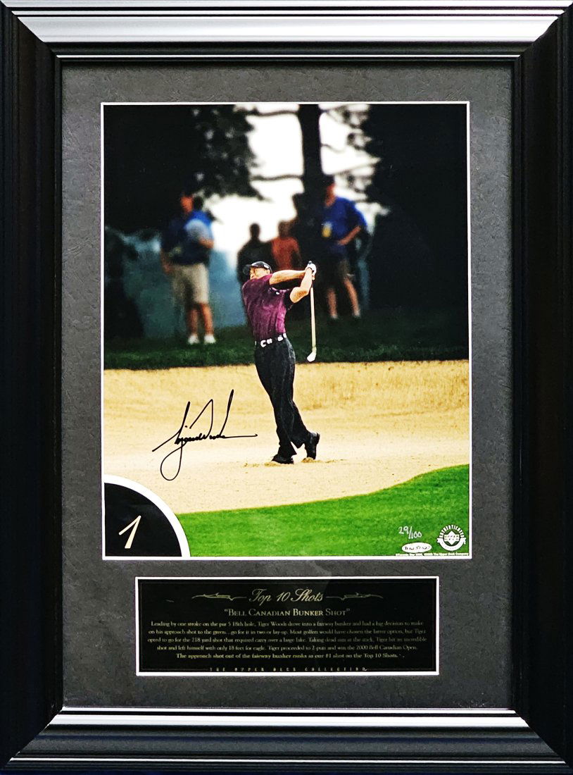 WOW Tiger Woods Signed & Framed (12x16 Photo) Top Ten Shots #1 2000 Bell Canadian Open Bunker {UDA (1 of 4)