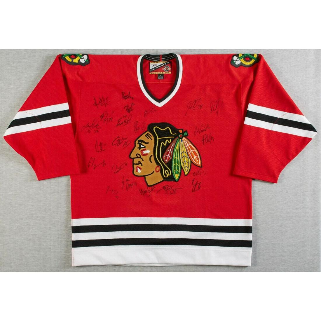 1999-00 Chicago Blackhawks Team Autographed Authentic Jersey (BAS LOA) **22 SIGS**: This Blackhawks jersey features 22 signatures from the 1999-00 team. Signatures include: Anders Eriksson, Bryan McCabe, Derek Plante, Ed Olczyk, Eric Daze, Mark Janssens, Bob Probert, Jamie Allison, A