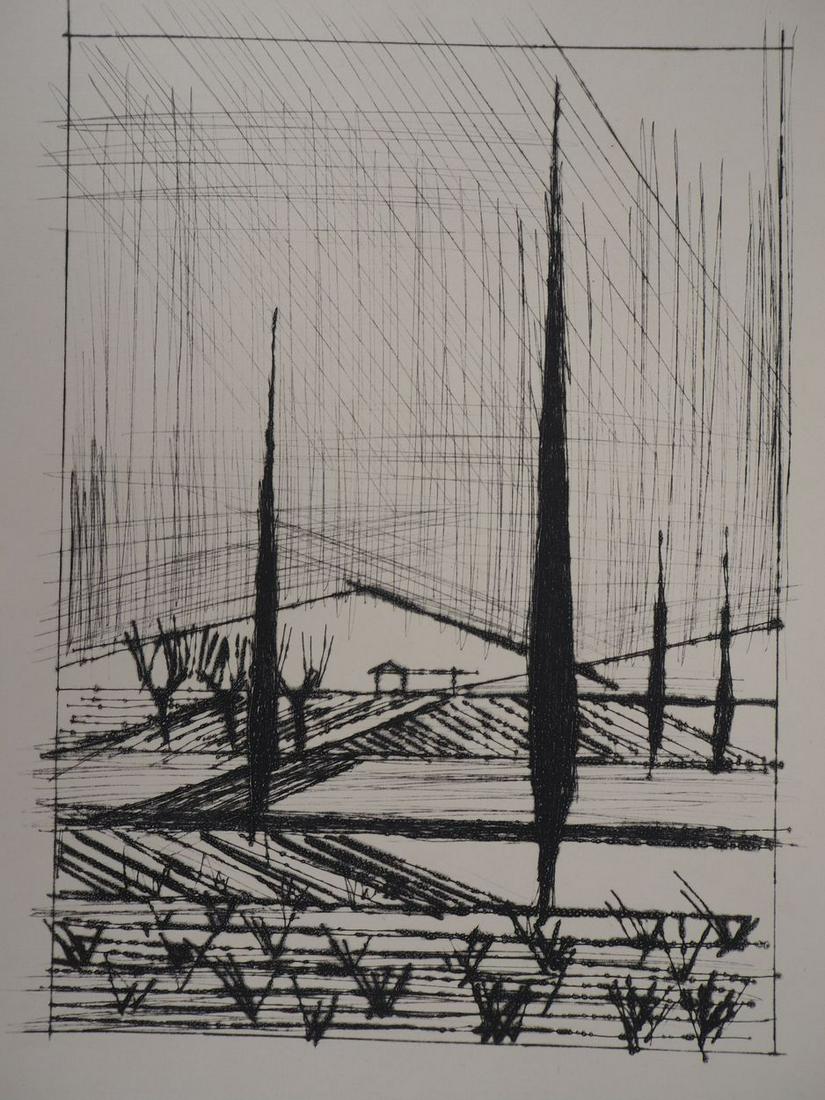 Bernard BUFFET - Italian Landscape - Original engraving: Bernard Buffet (1928-1999) Italian Landscape Original etching in drypoint On vellum 38 x 28 cm Unsigned REFERENCES: This original etching is officially referenced in the catalog raisonnÃ© of Bernard