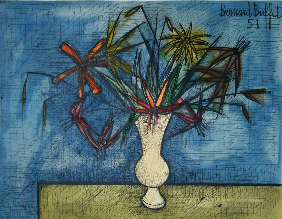 Bernard BUFFET (after) - Bouquet of flowers, 1960 - Lithography with stencil: Bernard BUFFET (after) (1928-1999) Bouquet de fleurs, 1960 Lithography with stencil coloring on Arches vellum paper. Signed and dated in the printing plate at the upper right. Published and executed i