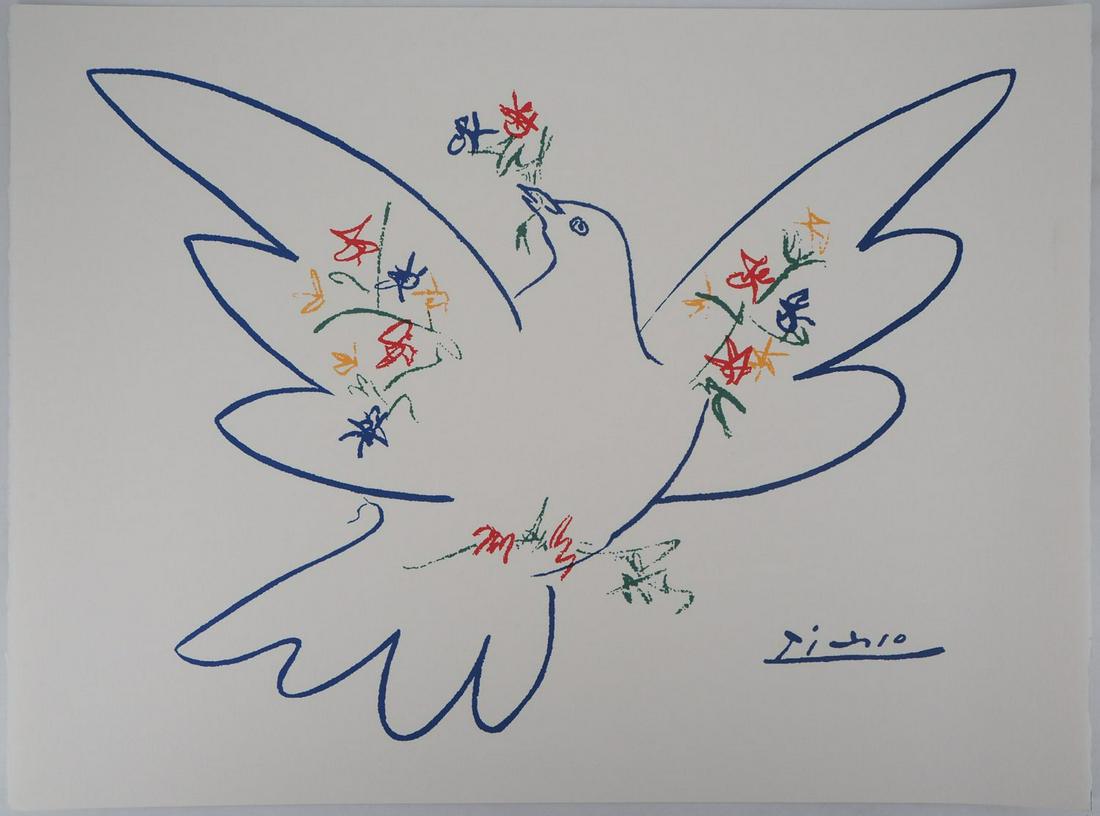 Pablo PICASSO (after) : Dove with flower branches - Lithograph: Pablo PICASSO (after) Dove with flower branches Lithograph in colors Signed in the plate On vellum 49.5 x 66 cm Excellent condition Copyright: Editions Art et Paix / Succession Picasso Height: 49.5 cm