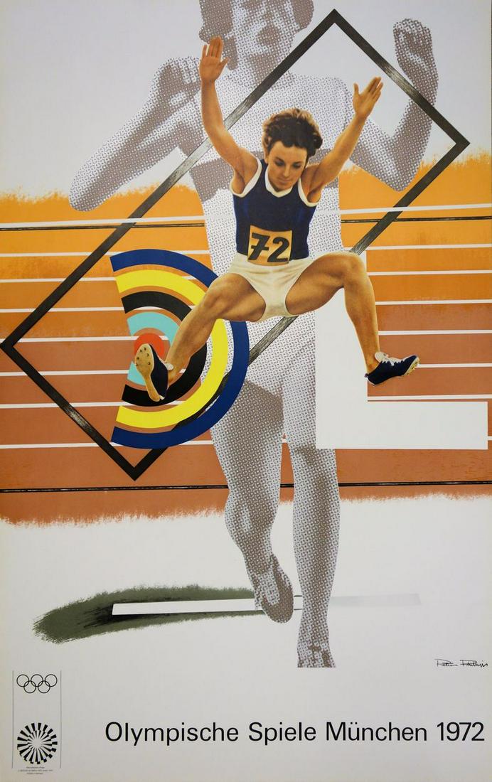 Peter PHILLIPS: Athletics: Higher, Stronger, Further, Original lithograph poster: Peter PHILLIPS (1939 -) Athletics: Higher, Stronger, Further, 1972 Original lithograph Signed in the plate On thick paper 101 x 64 cm Lithograph created in 1972 for the Olympic Games in Munich Excelle