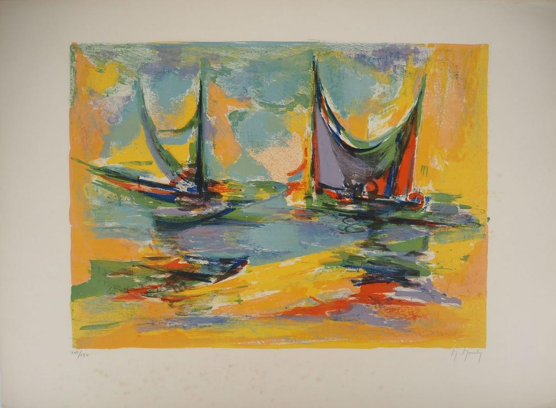 Marcel MOULY - Sails in the setting sun - Original lithograph, Signed: Marcel Mouly Sails in the Setting Sun, c. 1960 Original lithograph Signed in pencil Numbered / 150 copies On Arches vellum 53 x 73 cm Good condition, foxing in lower margin Height: 53 cm / Width: 73 c