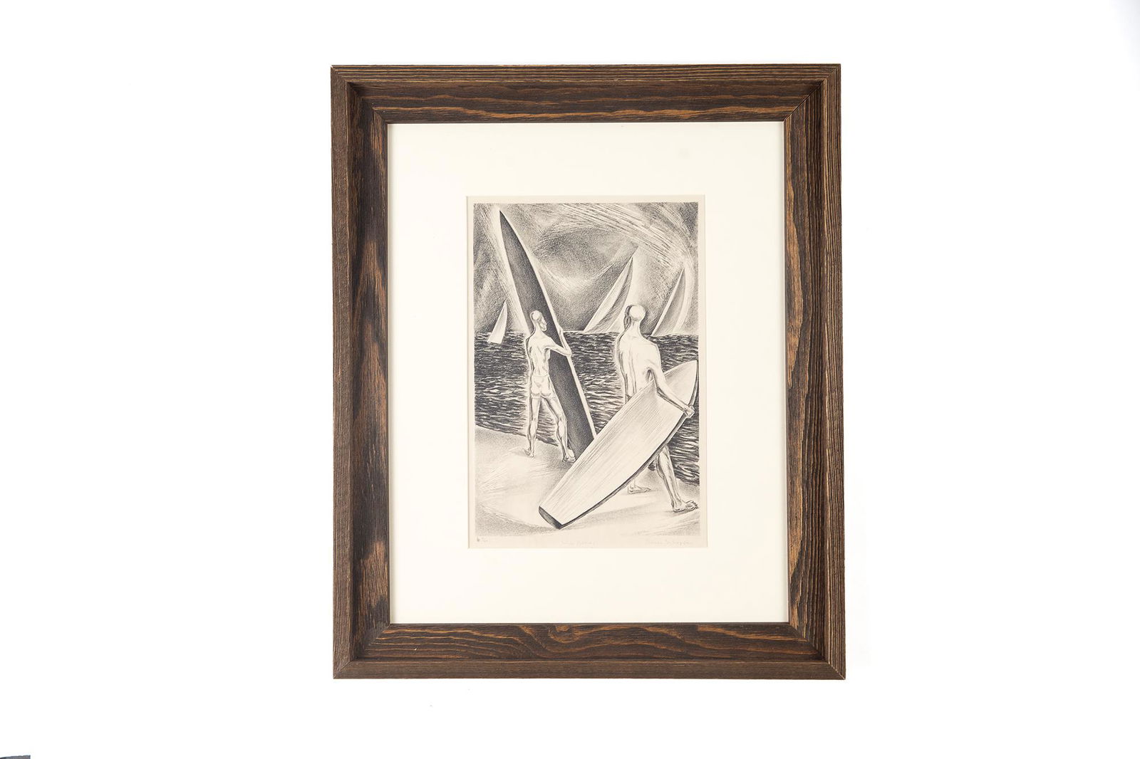 Surfing Lithographic Print, mid 1930s, #2 of edition of 24, by Palmer Schoppe (1912-2001): A captivating lithographic print from the mid-1930s, this artwork by Palmer Schoppe offers a unique and stylistic depiction of the surfing culture of its time. Number two of a limited edition of 24, t