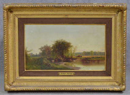 Arthur Parton Oil on Canvas: Showing cows in shallow stream. 10 1/2" H. x 18 1/2" s.s. in gilt and gesso frame to 17 1/2" H. x 24 1/2" W.