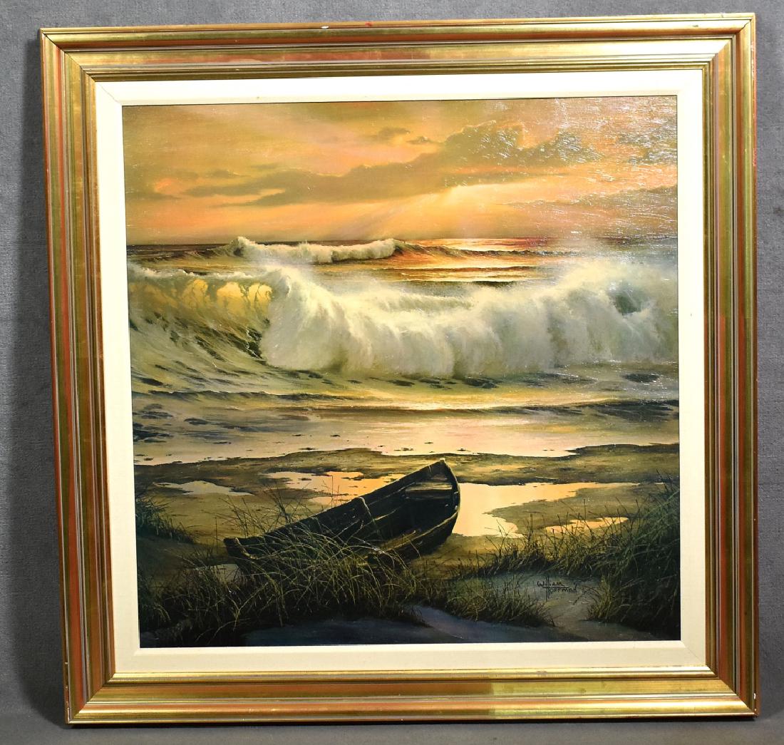 Oil on Canvas of Surf Scene: With abandoned row boat. Signed lower right "William Hoffman". Framed to 46" H x 46" W.