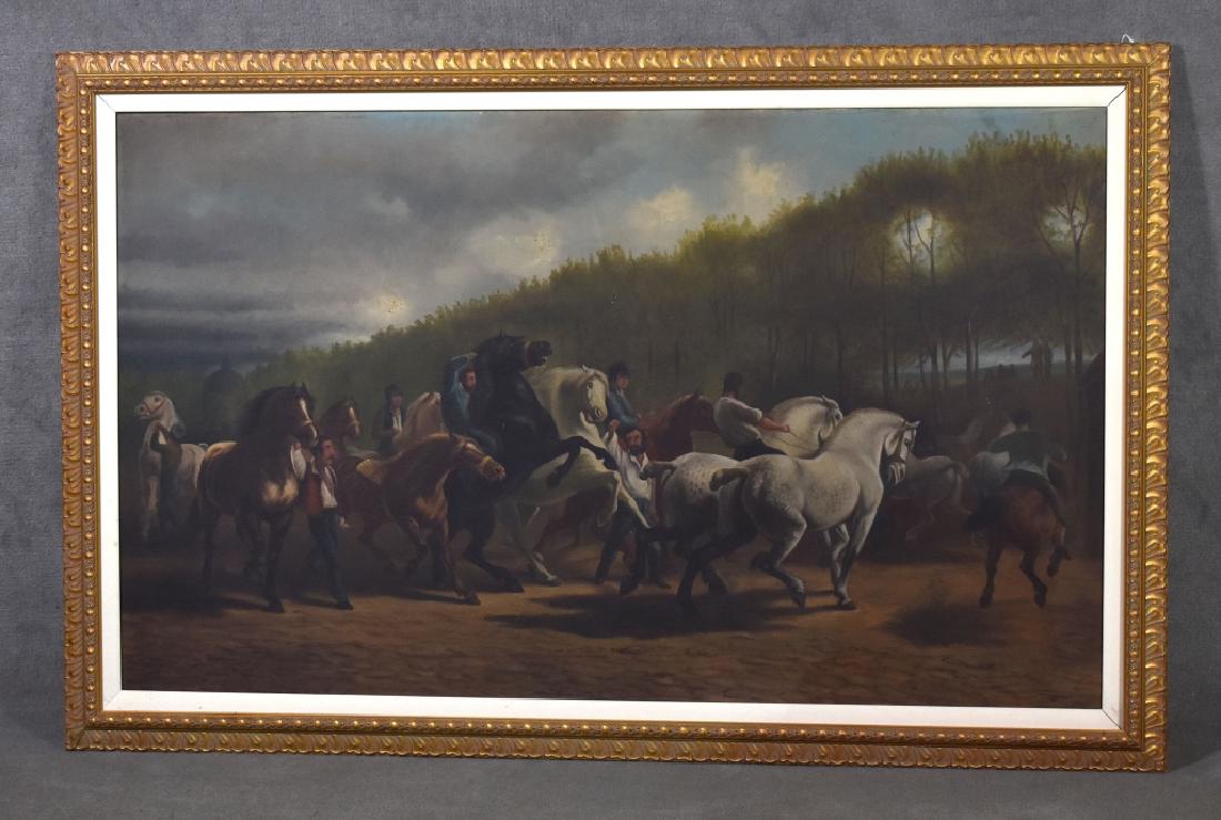 Oil on Canvas After Rosa Bonheur: "The Horse Fair" showing twelve horses, some with riders. Early 20th century. Linen liner with carved gold frame. 36" H x 55" W.