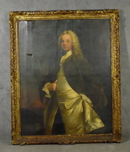 English Portrait of Gentlemen: By Joseph Wright of Derby (1734-1797). Shown in satin waist coat with velvet jacket. With 3" tear in background. 49" H x 39" ss. Framed to 56" H x 46" W in gilt and gesso frame. Together with book abo