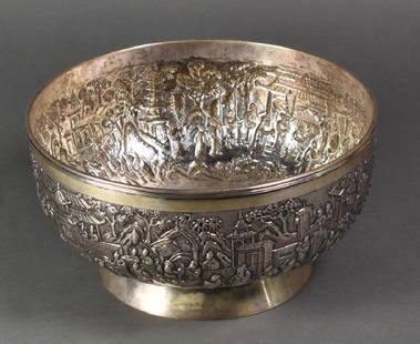 Chinese Export Silver Bowl by Luen Wo, Shanghai: Early 20th century piece has Chinese figures gathered in open setting. Measures 9 inches in diameter and 4.5 inches high. Good condition with expected patina, tarnish and light dents. Weight 29.17 tro
