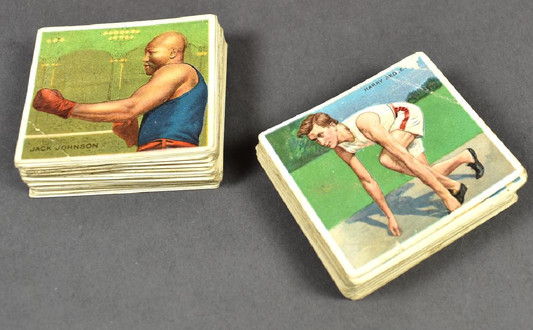 T218 Champion Athletes & Prize Fighters Cards: By Hassan and Mecca Cigarettes. Includes 51 athletes and 45 prize fighters. Having 2 Jack Johnson cards. Fair to VG-EX.