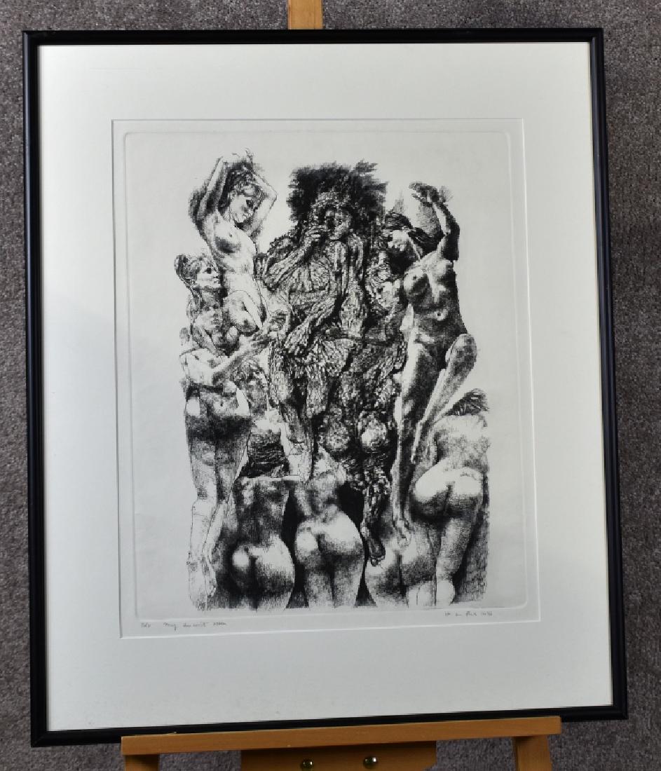 1976 Lithograph of Nude Women, Signed: Nude women centering a masked man figure, bottom left pencil signed 2/10, titled My Ancient Totem, bottom right artist signed 1976, matted and framed, 16x21, overall 28.5"H x 23.5"W.
