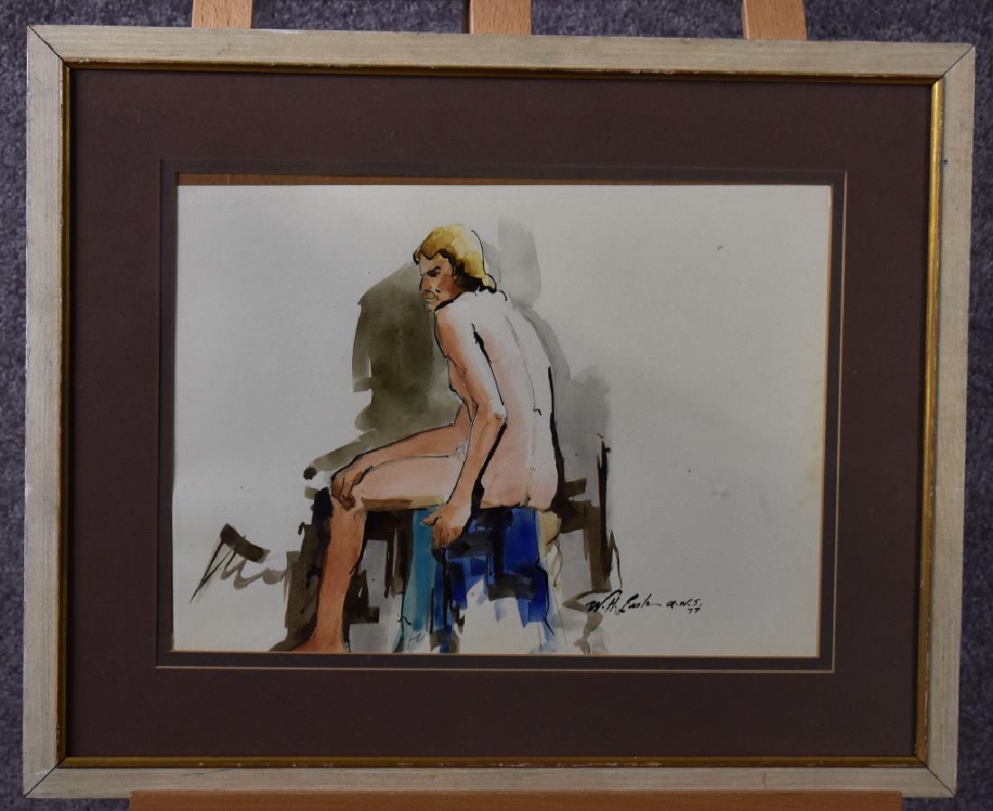 Watercolor of Nude Male, Signed 1977 W H Earle: Nude man sitting on a chair, signed lower right corner "W H Earle, A W S" "77", matted and framed, Site 11"H x 15"W, overall 17.5"H x 21.5"W.