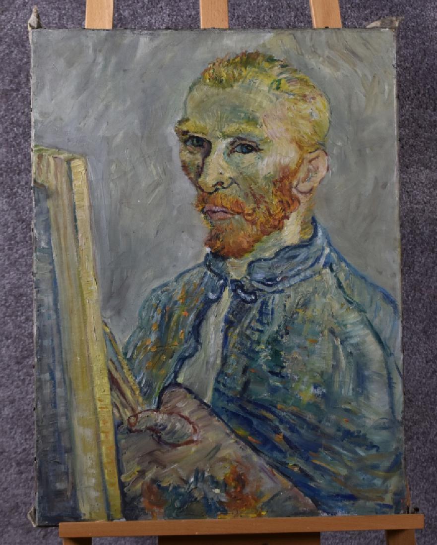 Oil on Canvas, copy of Van Gogh Self Portrait: On back "Eaton Lahey 1943" and stamped "Copy from the original National Gallery of Art". 24" x18" unframed.