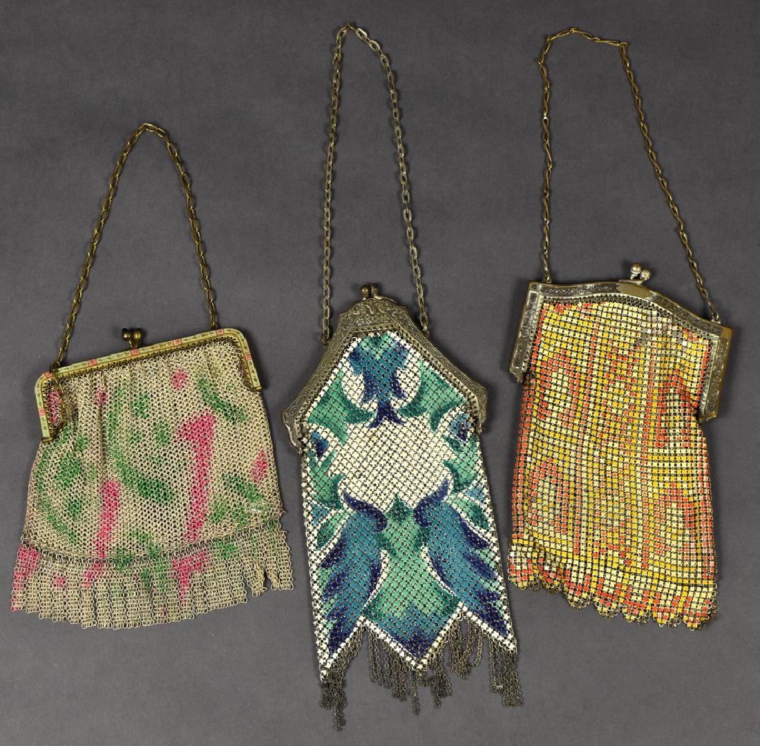 03 Early 20th C. Purses, Enameled Mesh & Chainmail: Three vintage evening bags/ purses, early 20th century, comprising (1)chainmail purse, painted pink and green on white, having a polychrome, decorative metal frame with blue glass cabochon snaps, mark