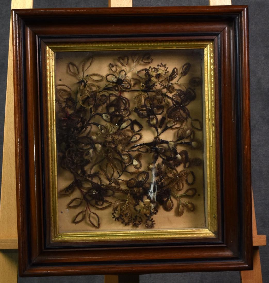 Shadowbox Frame w/ Mourning Hair Flower Bouquet: Stepped wood frame shadow box with ebonized trim band and gilt , very good condition. 14.5"H x 16.5"H
