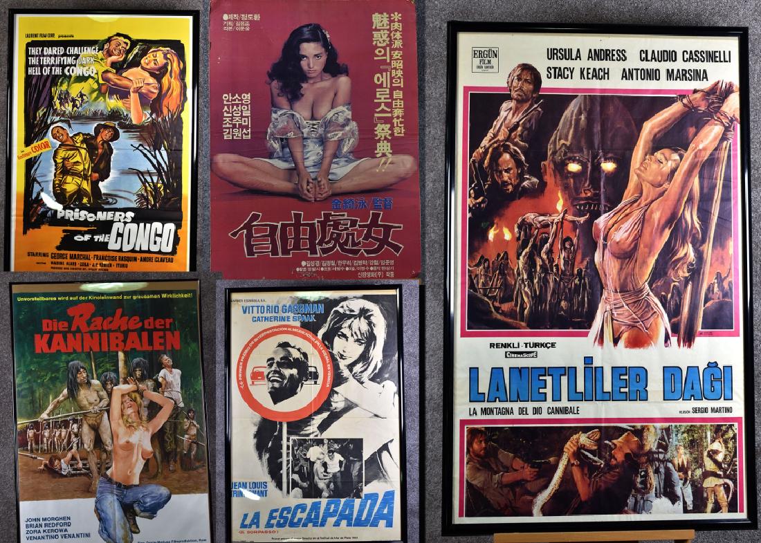 5 Movie Posters, Drama, Cannibals, Pinup: Five movie posters including a 1982 Korean film, "Free Virgin," director Kim Ki-Youngs, (American title "Free Woman") paper on cardboard, poor condition, creases, tears and holes, 29"H x 20"W; 1979 La