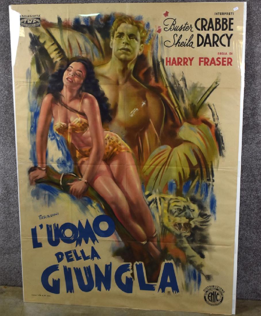 Movie Poster Luomo Della Giungla 55x39: American title, Man of the Jungle, starring Buster Crabbie and Sheila Darcie fold marks, two areas show remnants of pulled tape, under plexiglass, 55"H x 39"W.