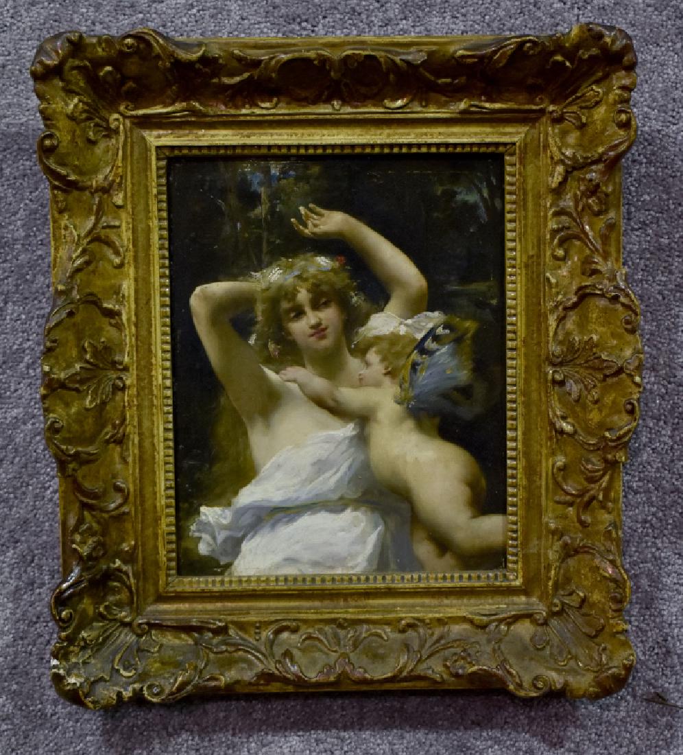 Oil on Board Venus & Cupid: Well-painted with landscape background. No apparent signature. Elaborate rococo frame to 17" x 15".
