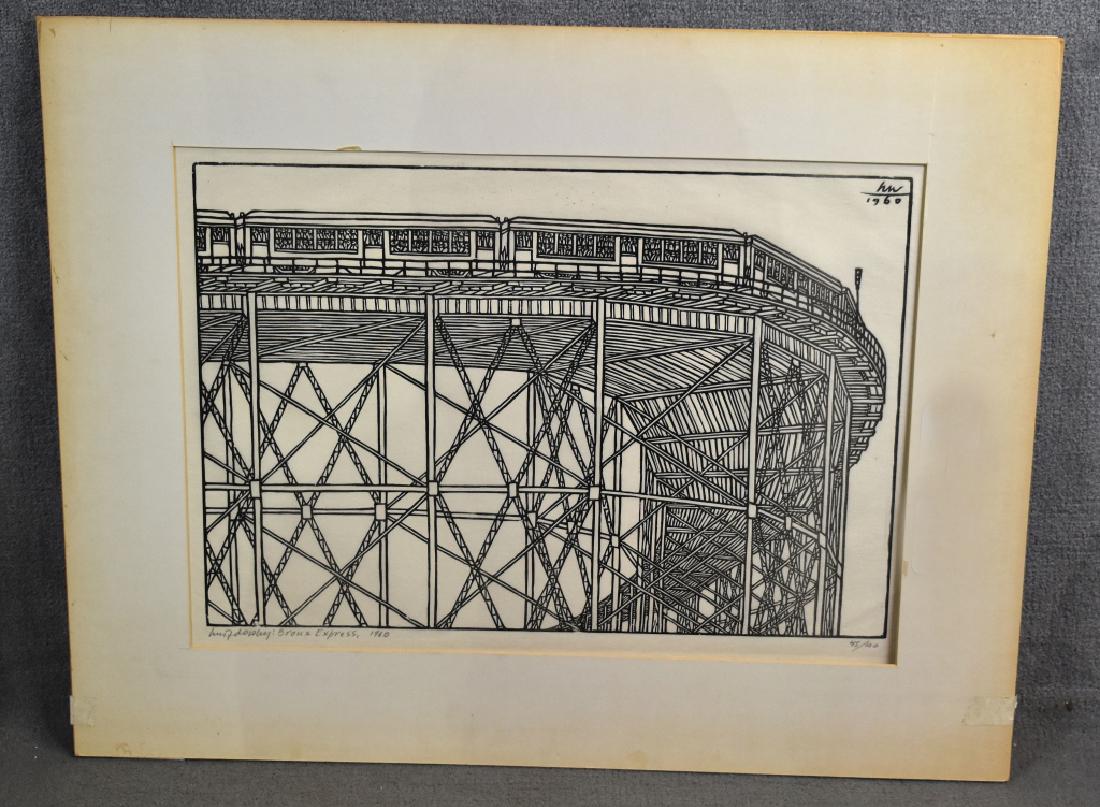 Jacques Hnizdovsky 1960 Woodcut "Bronx Express": 45/100. Artist is Ukrainian-American, 1915-1985. Signed. 15" H x 20 3/4" W.