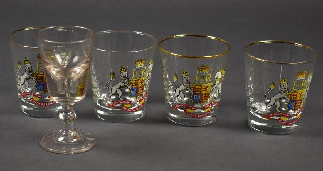 Set 4 Rocks/ Old Fashion Glass 1953 Coronation: Clear glass having Lion and Unicorn flanking English crest with banners "Coronation of Queen Elizabeth, June 22, 1953., gold rim, most of the gold is faded, 3.25"H x 3"W. Accompanied by one clear cord