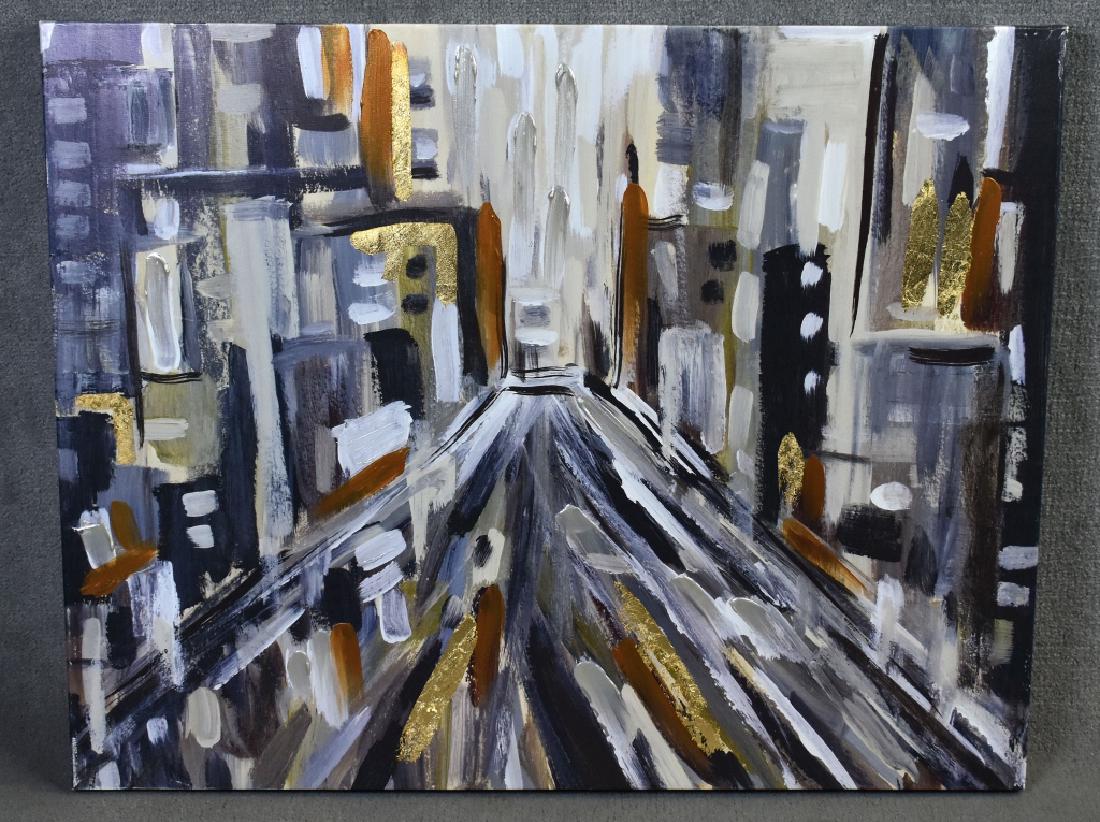 Leigh Rosten Psychedelic Abstract in Gold & Black: Unframed. Nylon on canvas. 22" H x 28" W.