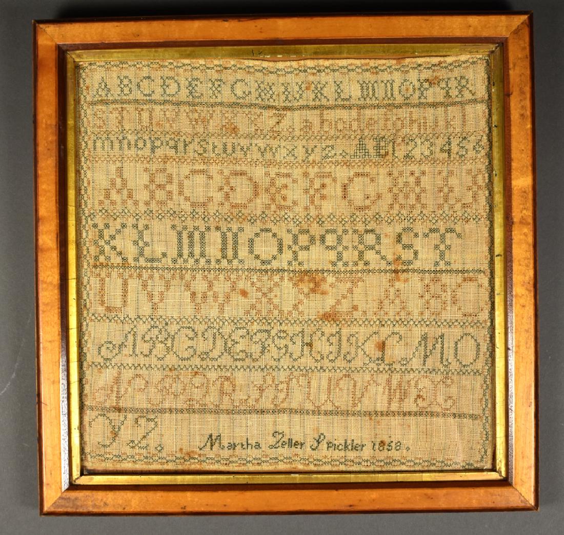 19th Century Sampler: In period frame with gilt liner. Signed "Martha Zeller Stickler 1858". Heavily foxed. Not examined outside of frame. Sight size 12" H x 12 1/2" W. Overall 15" H x 15" W.