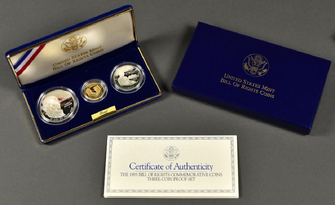 1993 Bill of Rights 3-Coin Proof Set: Contains silver dollar, silver half dollar, plus $5.00 gold coin in mint box with COA.
