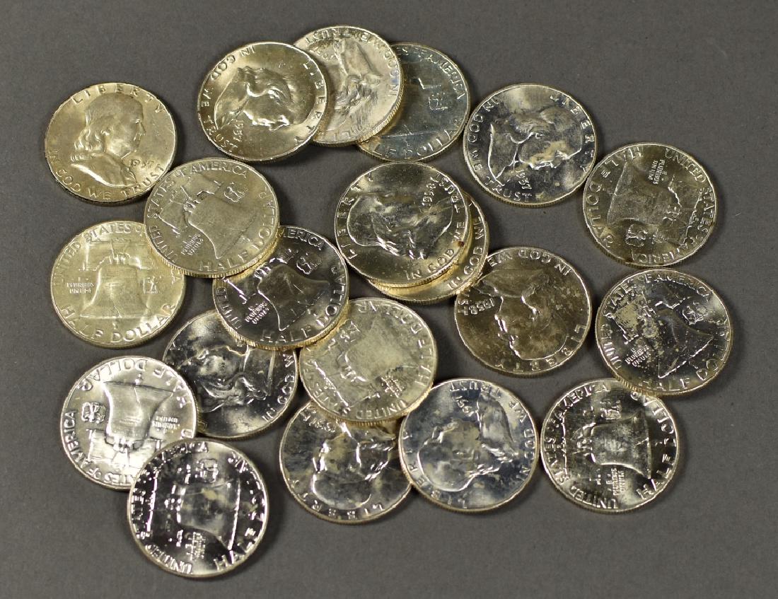 Roll of AU-BU Franklin Halves: Dated 1957-D and 1958-D.