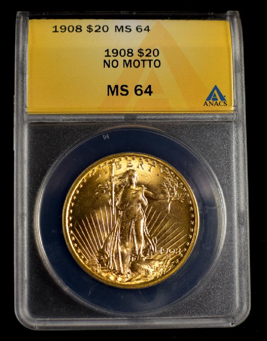 1908 (No motto) St. Gaudens $20 Gold Coin (1 of 2)