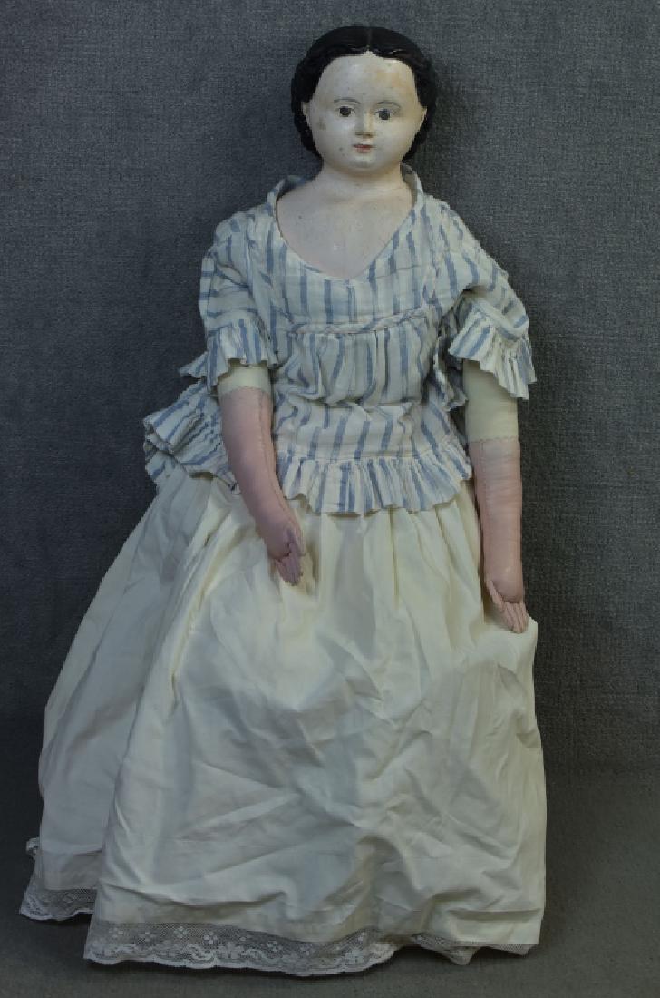 German Papier Mache Doll: 35". By Muller and Strasburger. Painted brown eyes, molded black painted center part hair. Exposed ears. Original facial paint has some light nose rubs and crazing. Replaced cloth body with leather ar