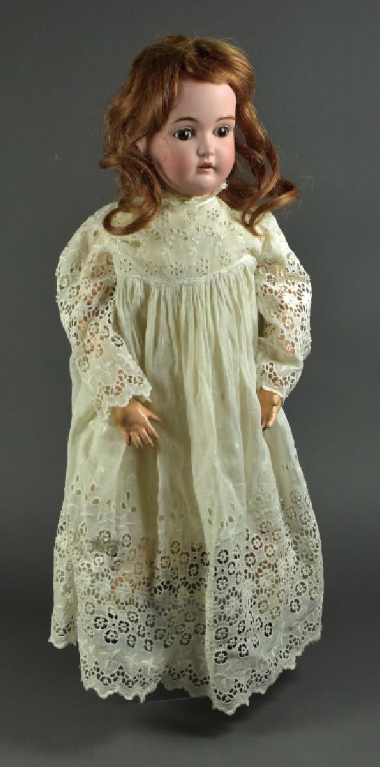 German Kestner #171 Open Mouth Doll w/ Teeth: Brown sleep eyes, human hair wig, ball jointed wood and composition body. Dressed in nice antique clothing and shoes. Stringing is loose. 24" H.