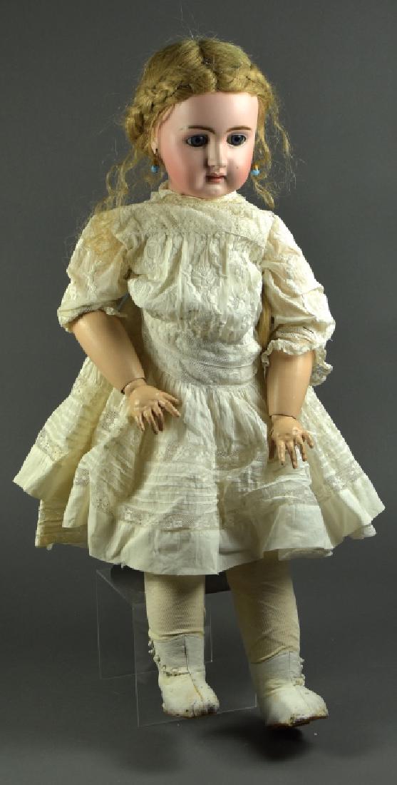 French Jullien Open Mouth Doll w/ Teeth: Blonde human hair wig, blue sleep eyes. French wood and composition body. Body is new reproduction (not old). Pierced ears. Dressed in antique clothing and shoes. Head has extensive damage with break