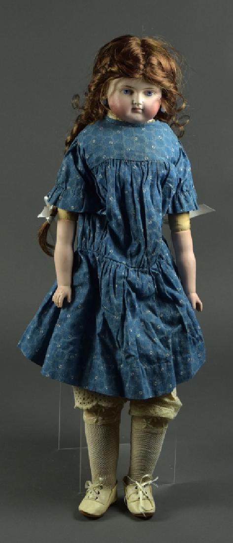 German Alt, Beck and Gottschalk #870 Doll: 23". Dome shoulderhead, blue painted eyes, closed mouth, pierced ears, synthetic wig. Bisque lower arms, antique cloth body, vintage clothing. Right hand has broken pinky finger.