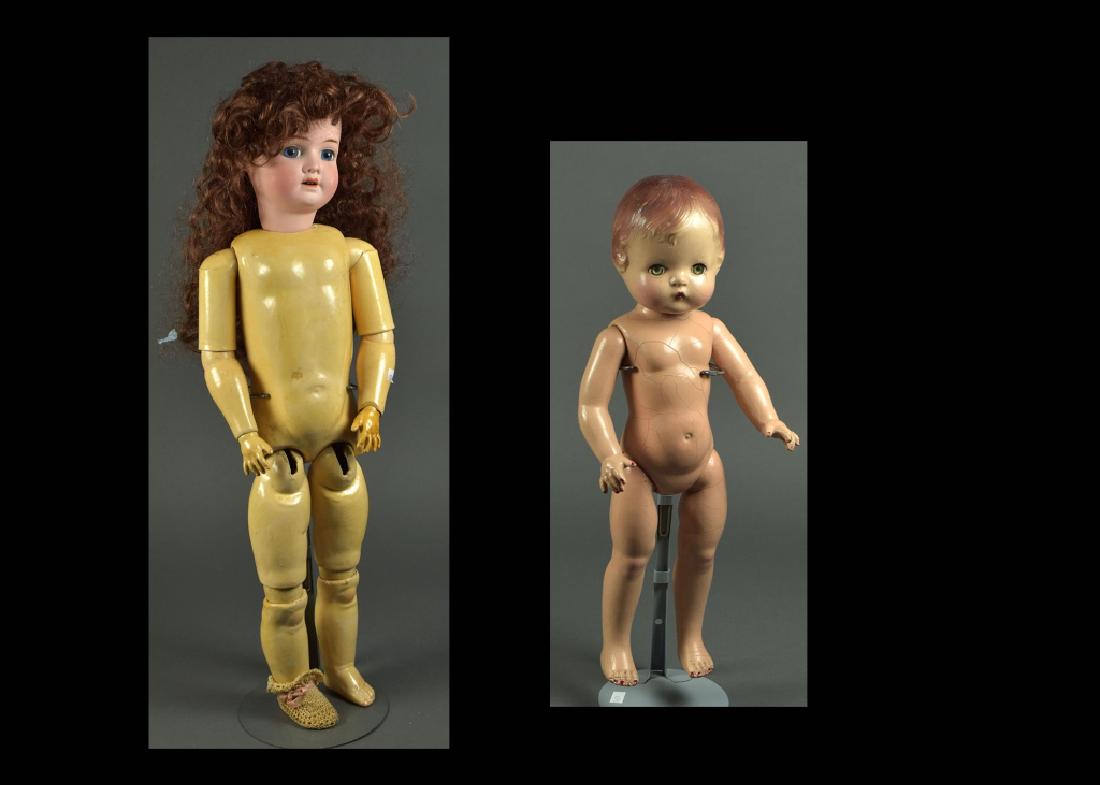German Schoenau Hoffmeister: 24". Blue set eyes, synthetic wig, open mouth with teeth. No clothing. Eye chip corner of left eye. Wig is glued too tight to examine head. Also 16" Effanbee Patsy , sleep eyes, five piece body. Origi